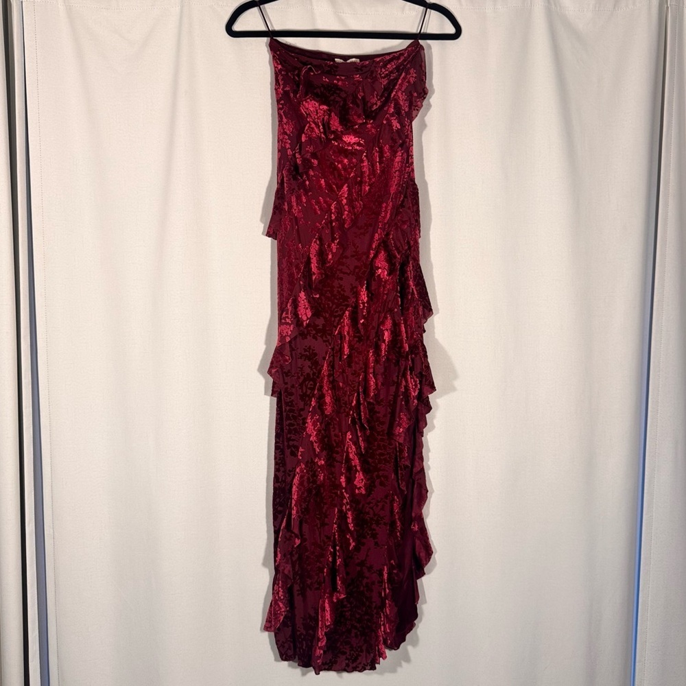 Thirty Thirty LA Strappless Burgundy Velvet Burnout Ruffle Dress